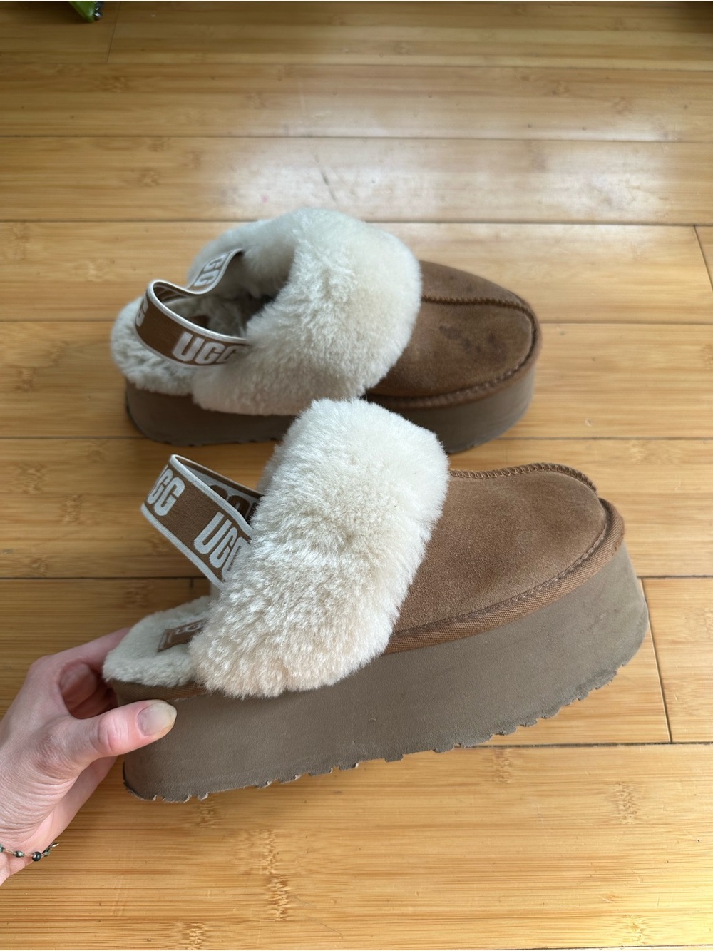 UGG Chestnut & Cream Suede Shearling Platform Clogs